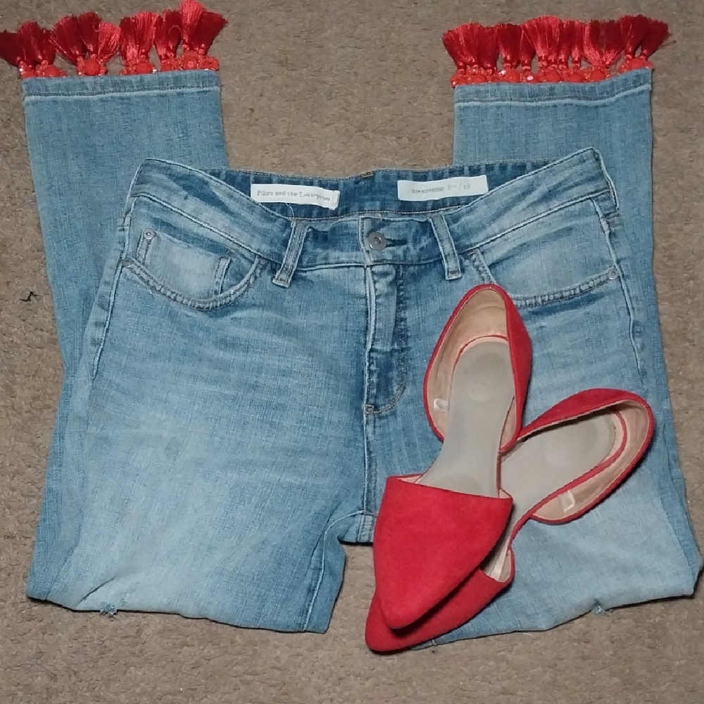 Pilcro and the Letterpress Blue Jeans with Red Fringe